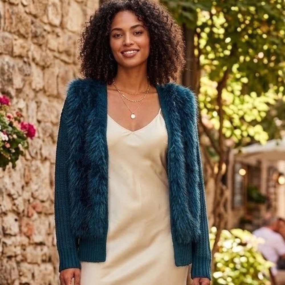 Teal faux fur knit cardigan sweater XL Indie Sleaze Quiet Luxury Boho Lagenlook